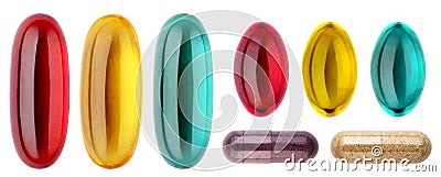 Multicolored medical pills, capsules and vitamins isolated on a white background. Medical Drugs Pills and oil Capsules. Healthy Stock Photo