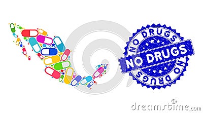 Scratched No Drugs Stamp and Mexican Map Colored Pattern of Medication Granule Items Vector Illustration