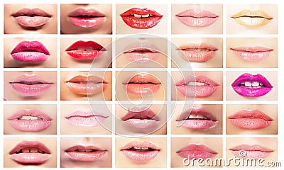 Multicolored Mouths. Set of Women's Lips. Bright Makeup & Cosmetics Stock Photo