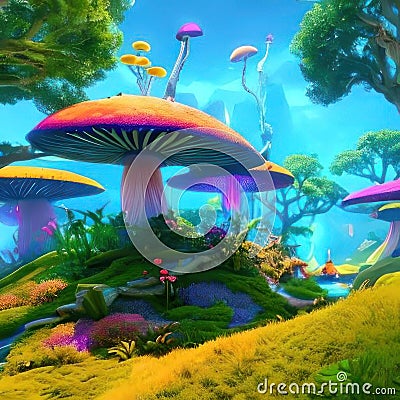 Multicolored mushrooms, fantasy style. AI generated Stock Photo