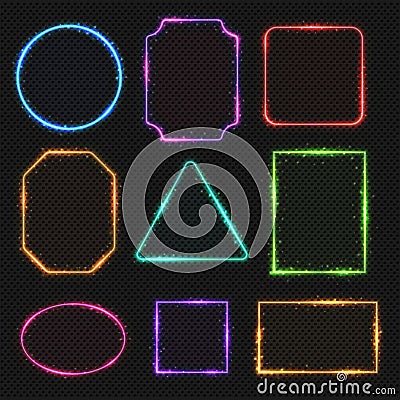 Multicolored neon vector border frames. Simple shapes of light banners Vector Illustration