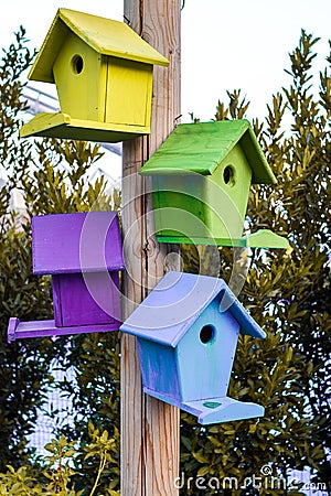 Multicolored nesting boxes closeup outdoor background Stock Photo