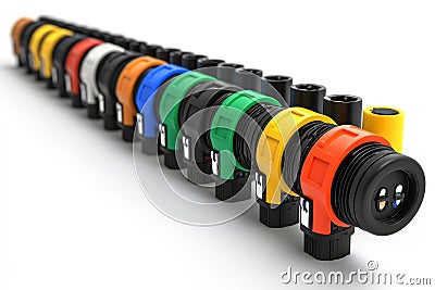 Multicolored network cable plugs arranged in sequence illustrating organized connectivity structured networking systems and mod Cartoon Illustration