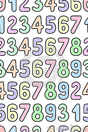 Multicolored numbers from 0 to 9. Vertical seamless pattern. Endless ornament of numeric symbols Vector Illustration