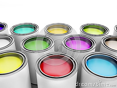 Multicolored Paint Cans on White background Stock Photo