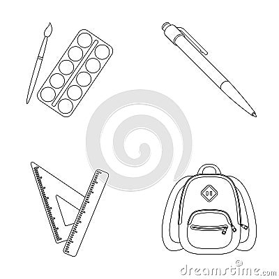 Multicolored paints with a tassel, pen, triangle and ruler, satchel, briefcase. School and education set collection Vector Illustration