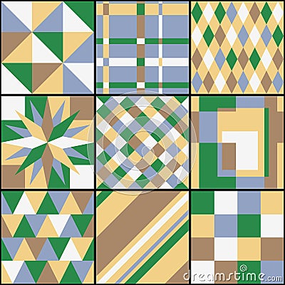 Multicolored patchwork with nine different square patterns. Vector design Vector Illustration