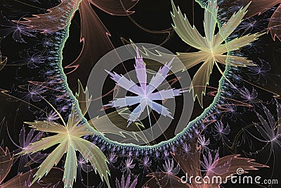 Multicolored pattern with cannabis leaves on a black background. Stock Photo