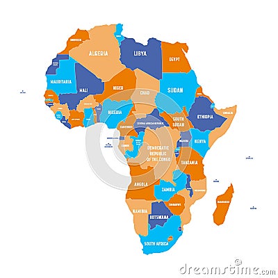 Multicolored political map of Africa continent with national borders and country name labels on white background. Vector Vector Illustration