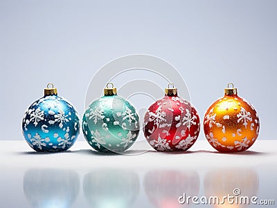 Multicolored round shiny festive Christmas balls on background of white snow Stock Photo