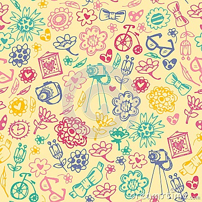 Multicolored seamless pattern with fashionable things. Vector Illustration