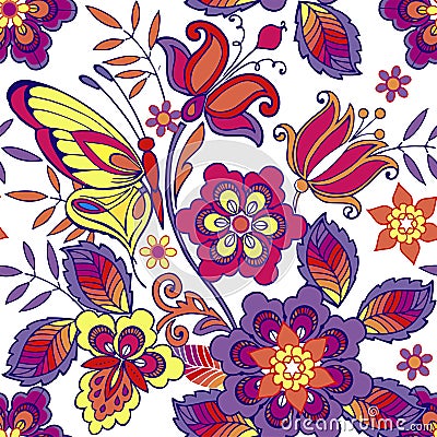 Multicolored seamless pattern with flowers and butterflies. Decorative ornament backdrop for fabric, textile, wrapping paper. Vector Illustration