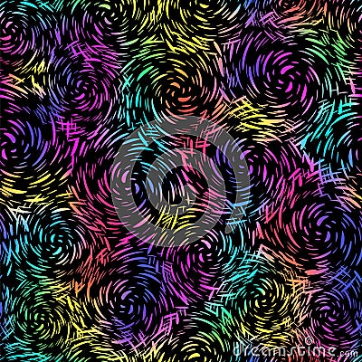 Multicolored seamless pattern. Neon print. Repeated multicolor patterns. Abstract bright background. Repeating colours texture. Mo Vector Illustration