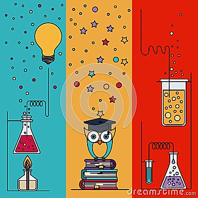 Multicolored section background with sparkles and owl with elements laboratory and knowledge Vector Illustration