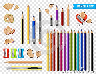 Multicolored Sharpened Pencils Transparent Set Vector Illustration