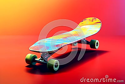 Multicolored skate board or skating surf board on vibrant color background, extreme lifestyle and active sports. Colorful cruiser Stock Photo