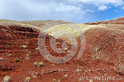 Multicolored soil of mercury occurrence in Altai steppe Stock Photo