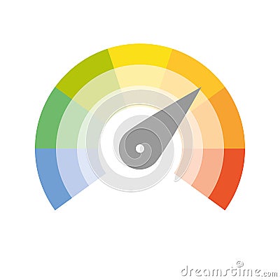 Multicolored spectrum radial gauge scale with arrow hand pointer. Satisfaction, temperature, risk, rating, performance Vector Illustration