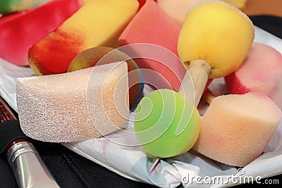 Multicolored sponges and brushes for drawing. Close-up Stock Photo