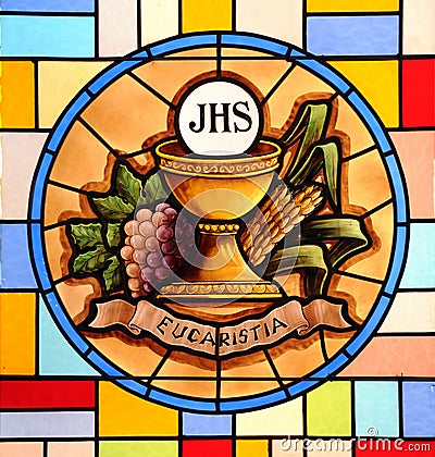 Eucharist, stained glass, Christian religion Editorial Stock Photo