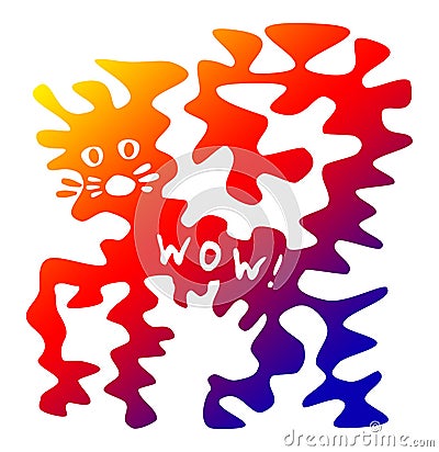 Multicolored stylized fantastic cat with the words `Wow!` Cheerful, joyful and positive drawing. Stock Photo