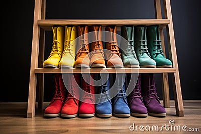 multicolored suede boots on a black shelf Stock Photo