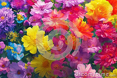 Multicolored summer flowers background with vivid intense colors. Generative Ai Cartoon Illustration