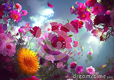 Multicolored summer flowers background with vivid intense colors. Generative Ai. Cartoon Illustration