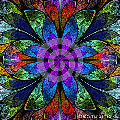 Multicolored symmetrical fractal flower in stained-glass window Stock Photo