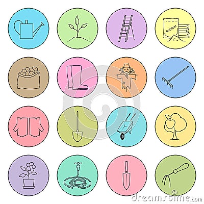 Multicolored Thin Line Icons Gardening Equipment Vector Illustration