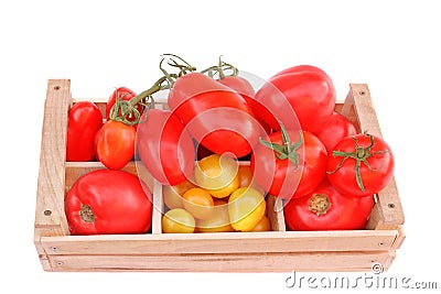 Multicolored Tomatoes in Wooden Box Stock Photo