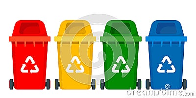 Multicolored trash bins with recycling symbols for e-waste, plastic, metal, glass, paper, organic trash. Vector illustration Vector Illustration