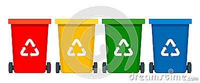 Multicolored trash bins with recycling symbols for e-waste, plastic, metal, glass, paper, organic trash. Vector illustration Vector Illustration