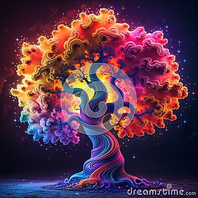 Multicolored Tree with Fractal Swirls and Intricate Patterns Stock Photo