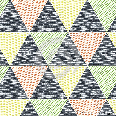 Multicolored triangle faux patchwork design with hand drawn drop texture. Seamless vector pattern Stock Photo