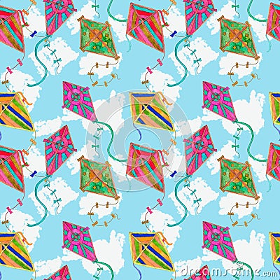 Multicolored vibrant kites watercolor seamless pattern with blue sky and white clouds Stock Photo