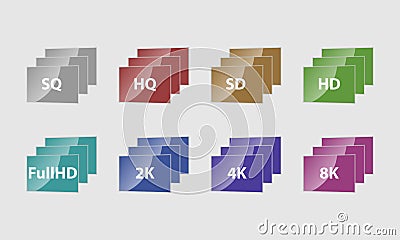 Multicolored video quality icons. Vector. Vector Illustration