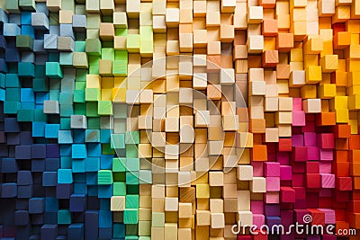 Multicolored wall made up of blocks of different sizes and colors. Generative AI Stock Photo