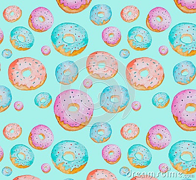 Multicolored watercolor donuts. Seamless pattern. Stock Photo