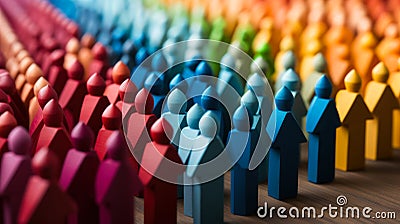 Multicolored Wooden Figurines Aligned to Symbolize Variety, Togetherness, and Incorporation within Societies and Stock Photo