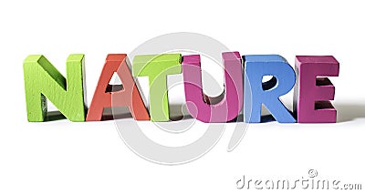 Multicolored word nature made of wood. Stock Photo