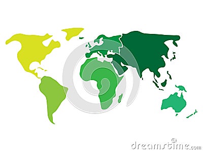 Multicolored world map divided to six continents in different colors - North America, South America, Africa, Europe Vector Illustration