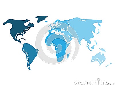 Multicolored world map divided to six continents in s - North America, South America, Africa, Europe, Asia and Australia Vector Illustration