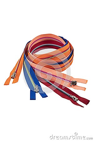 Multicolored Zippers or Zip Fasteners used for binding fabric or textile. Colorful Clasp Lockers Background or Pattern concept of Stock Photo