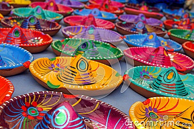 Multicoloured Traditional Mexican Sombrero Hat Ashtrays on a Market Stall in Tepotzlan Stock Photo