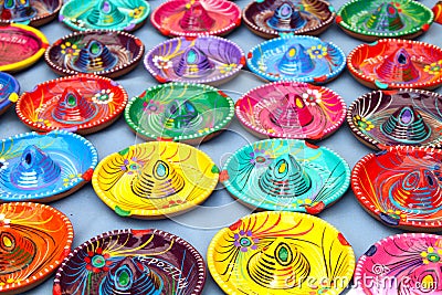 Multicoloured Traditional Mexican Sombrero Hat Ashtrays on Tepotzlan Market Stall Stock Photo