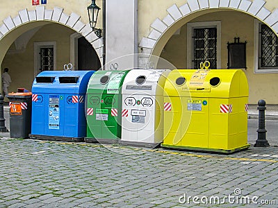 Multicoloured Trash boxes for different garbage sorting and recycling in Prague (On boxes writed \