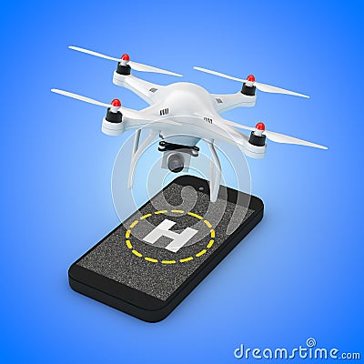 Multicopter Camera Drone Take-off from Mobile Phone Touchscreen Stock Photo