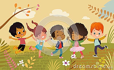 Multicultural Boys and girls holding hands and happily jump. Kids Play outdors. Colorful flowers and trees at the Vector Illustration
