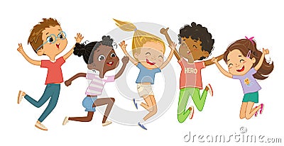 Multicultural boys and girls play together, happily jump and dance. Concept of fun and vibrant moments of childhood Vector Illustration